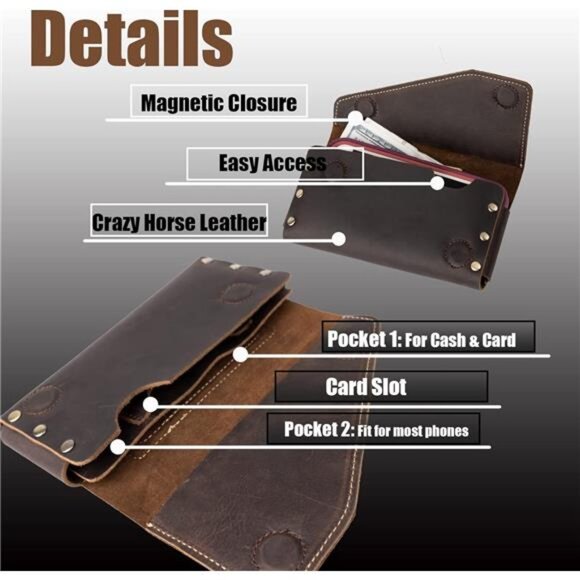 Leather Phone Holster with BeltLoop,Magnetic Closure Cell Phone Pouch CardHolder - Picture 4 of 7